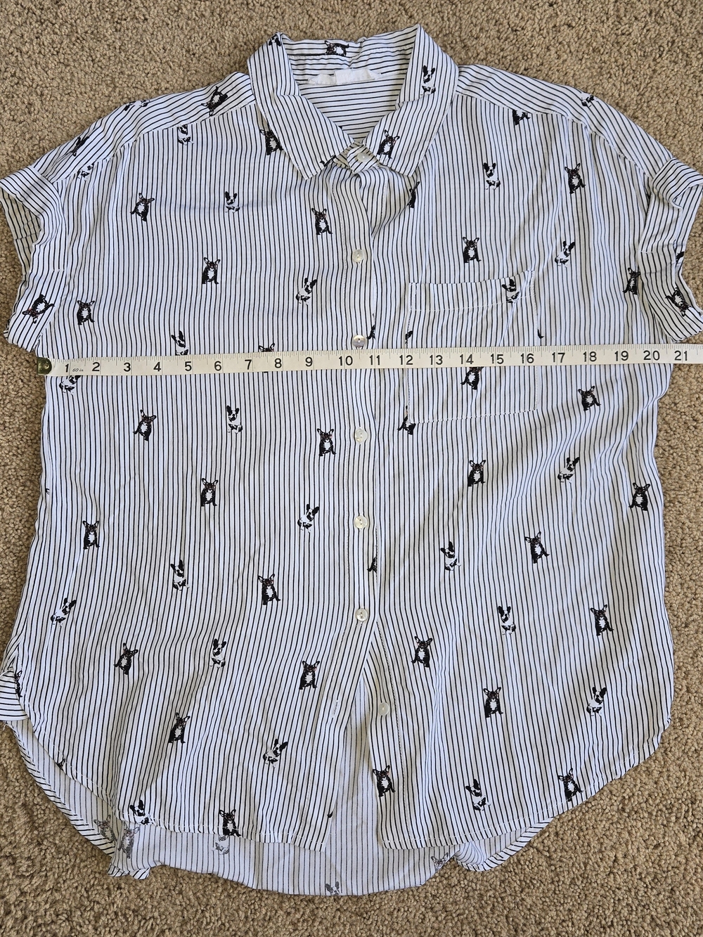 Women's Black and White Striped Short-Sleeve Button-Up French Bulldog Top Small - Picture 4 of 8